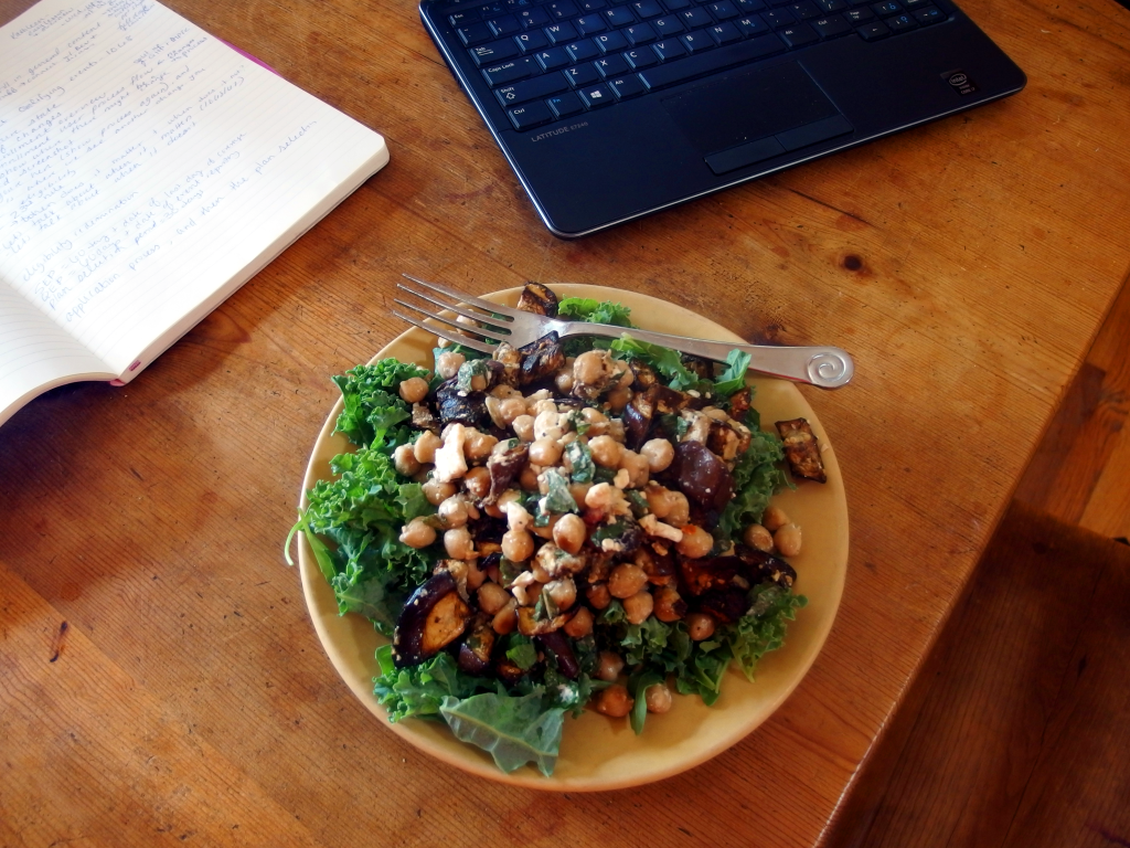 Roasted Eggplant Salad with Chickpeas over Kale