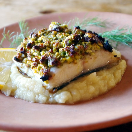 Pistachio Parmesan Cod with Parsnip Apple Puree