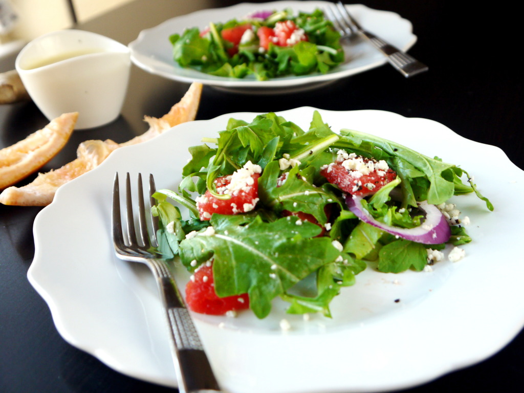 Watermelon and Arugula Salad with Ginger-Grapefruit Dressing | danicaliforniacooks.com