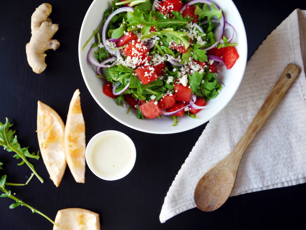 Watermelon and Arugula Salad with Ginger-Grapefruit Dressing | danicaliforniacooks.com