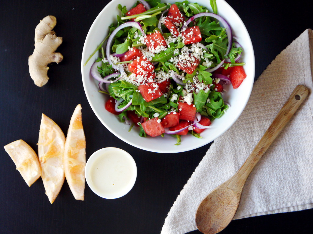 Watermelon and Arugula Salad with Ginger-Grapefruit Dressing | danicaliforniacooks.com