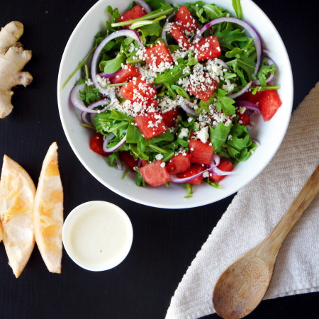 Arugula and Watermelon Salad with Ginger-Grapefruit Dressing (gluten free)