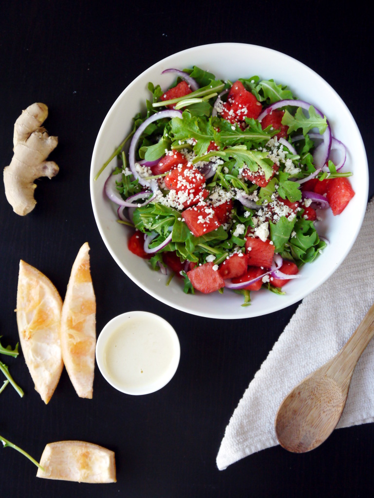 Watermelon and Arugula Salad with Ginger-Grapefruit Dressing | danicaliforniacooks.com